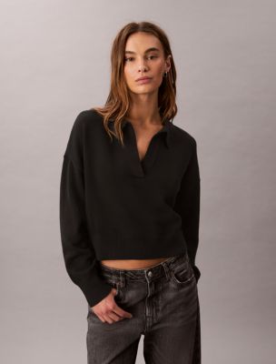 Smooth Cotton Polo Sweater, Black