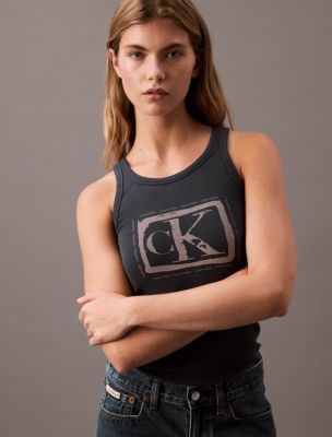 Camisole en coton côtelé à logo imprimé, encre
