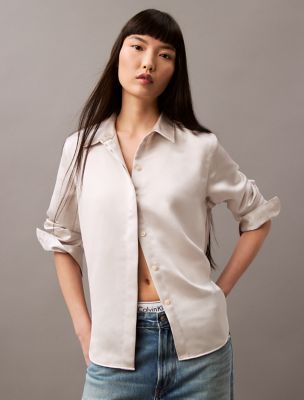 Satin Classic Button-Down Shirt, Chalk