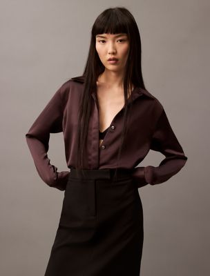 Satin Classic Button-Down Shirt, Raisin
