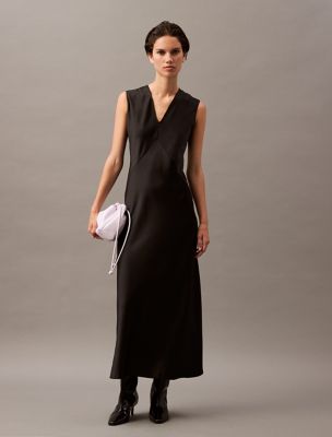 Sleeveless Satin V-Neck Dress, Black Beauty