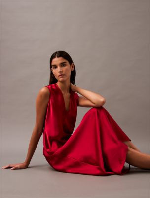 Sleeveless Satin V-Neck Dress | Calvin Klein