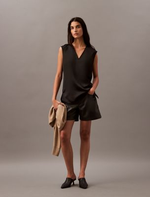Satin Sleeveless V Neck Blouse, Black Beauty