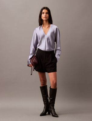 Satin V-Neck Blouse, Lilac Gray