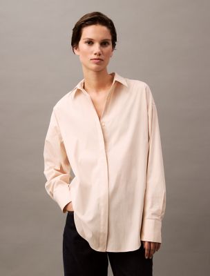 Stretch Poplin Relaxed Fit Button-Down Shirt, Tapioca