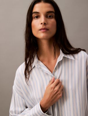 Relaxed Viscose Button Down Shirt, Subway Stripe / Forever Blue