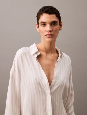Relaxed Viscose Button Down Shirt, Subway Stripe