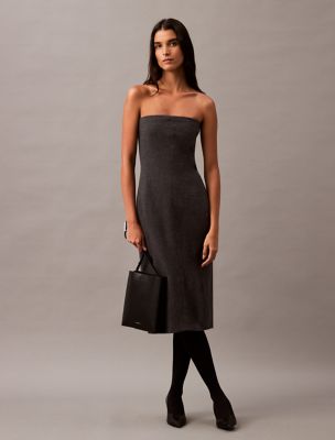 Brushed Wool Blend Strapless Dress, Charcoal Melange