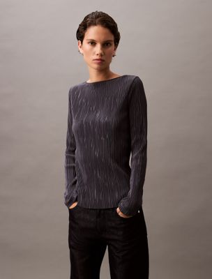 Plisse Low Back Slim T-Shirt, Ebony