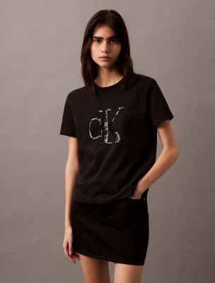 Sequin Monogram Logo Crewneck T-Shirt, Black
