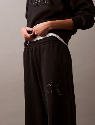 Sequin Monogram Logo Fleece Wide Leg Sweatpants | Calvin Klein