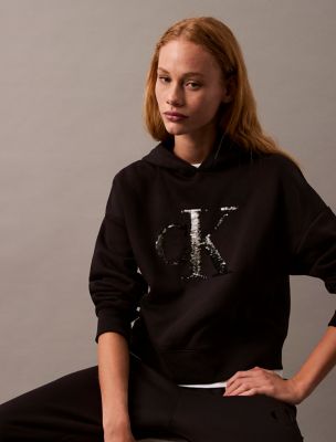 Sequin Monogram Logo Fleece Wide Leg Sweatpants | Calvin Klein