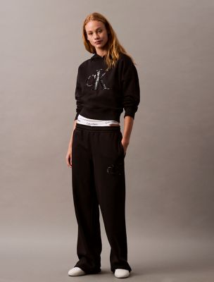 Sequin Monogram Logo Fleece Wide Leg Sweatpants, Black