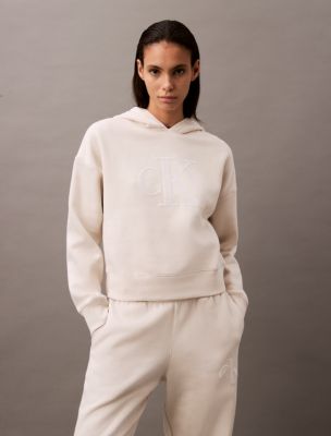 Sequin Monogram Logo Cropped Hoodie, Chalk