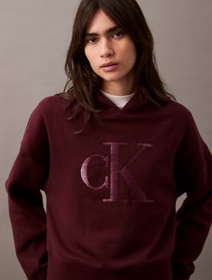 Sequin Monogram Logo Cropped Hoodie, Cherrywood