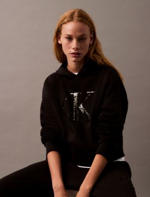 Sequin Monogram Logo Cropped Hoodie, Black