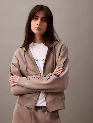 Logo Tape Fleece Zip Hoodie, Driftwood
