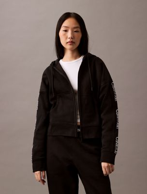 Logo Tape Fleece Zip Hoodie, Black Beauty