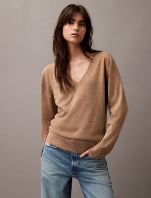 Extra Fine Merino Blend V-Neck Sweater, Brindle Heather