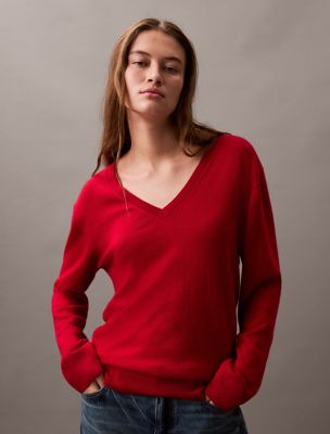 Extra Fine Merino Blend V-Neck Sweater, Scarlet