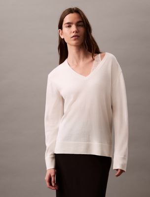 Extra Fine Merino Blend V-Neck Sweater, Antique White