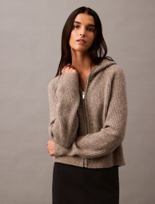 Ribbed Knit Sweater Hoodie, Driftwood Melange