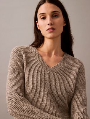 Ribbed Knit V-Neck Sweater, Driftwood Melange