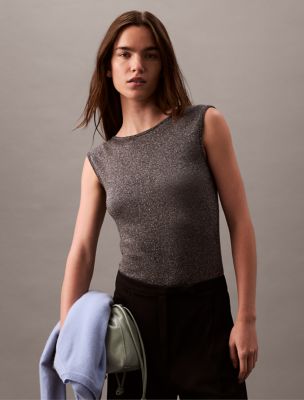 Lurex Sleeveless Pullover Top, Ebony