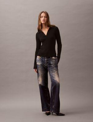 Smooth Cotton Rib Long Sleeve Polo Sweater, Black