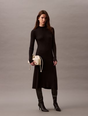 Smooth Cotton Rib Mock Neck Sweater Dress, Black Beauty