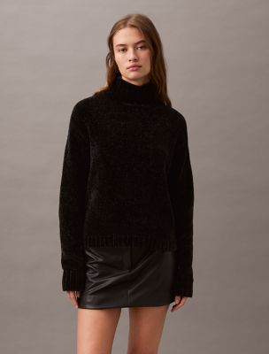 Chenille Relaxed Turtleneck Sweater, Black Beauty