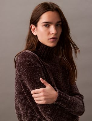 Chenille Relaxed Turtleneck Sweater, Raisin