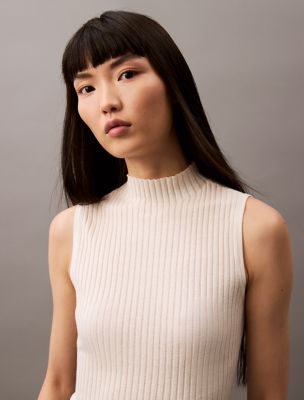 Silk Cashmere Mock Neck Tank Top, Chalk