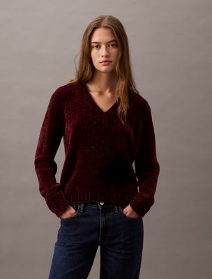 Chenille Relaxed V-Neck Sweater, Cherrywood