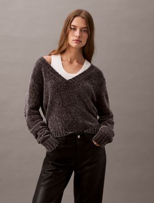 Chenille Relaxed V-Neck Sweater, Endless Grey