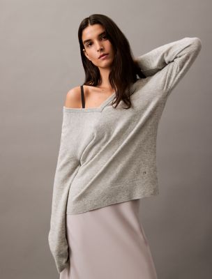 Cashmere V-Neck Sweater, Light Heather Gray