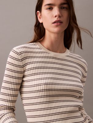 Smooth Cotton Rib Stripe Sweater, Chalk Stripe