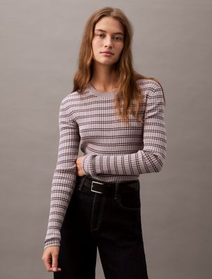 Smooth Cotton Rib Stripe Sweater, Gull Grey Stripe