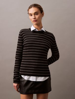 Smooth Cotton Rib Stripe Sweater, Black Stripe