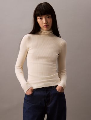 Smooth Cotton Rib Slim Turtleneck Sweater, Antique White