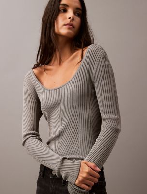 Scoop Neck Rib Sweater, Elephant Skin