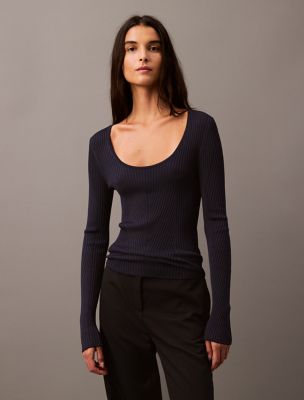 Scoop Neck Rib Sweater, Black