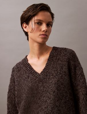 Melange Wool V-Neck Sweater, Black Olive Heather