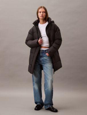 Long Down Hooded Puffer Jacket, Black Beauty