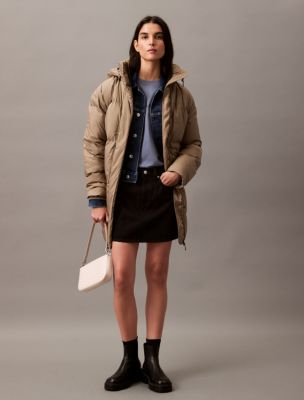 Long Down Hooded Puffer Jacket, Brindle