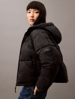 Short Hooded Puffer Jacket, Black Beauty