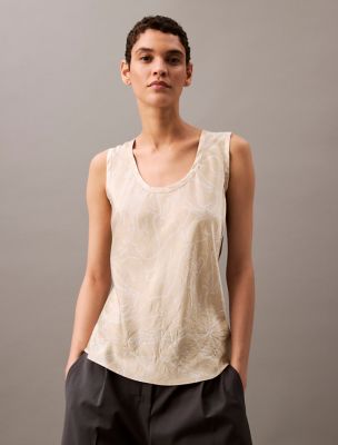 Crushed Satin Print Tank Top, Overcast