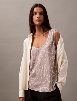 Crushed Satin Print Tank Top, Artistic Ash