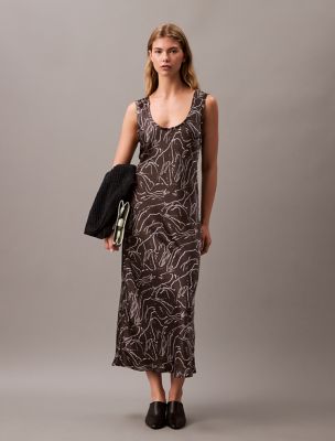 Crushed Satin Print Midi Dress, Juniper Mist