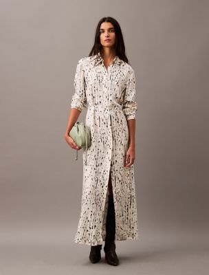 Robe-chemisier longue en sergé viscose, craie